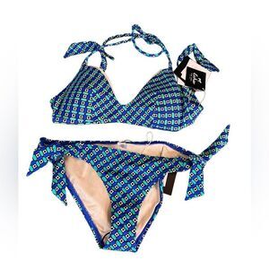 Blue Geometric Tie-Side Bikini Set